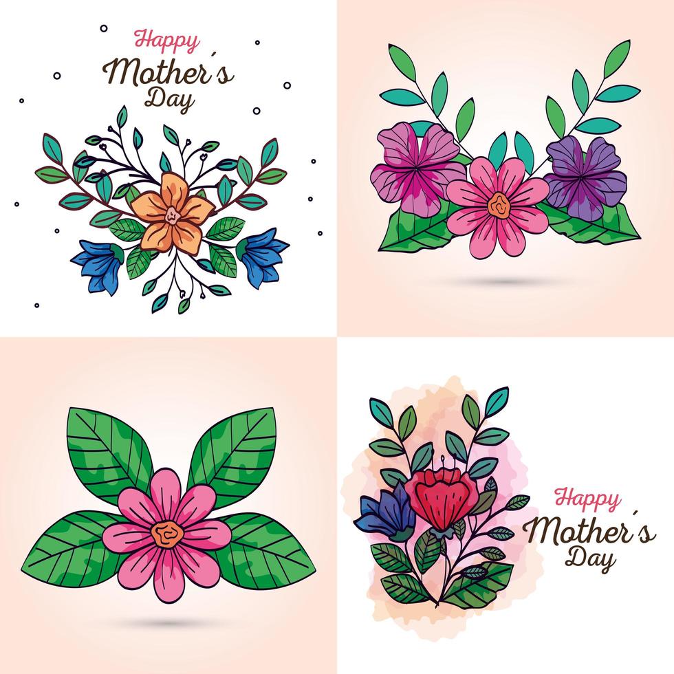 Establecer tarjetas de feliz día de la madre con decoración de flores. vector