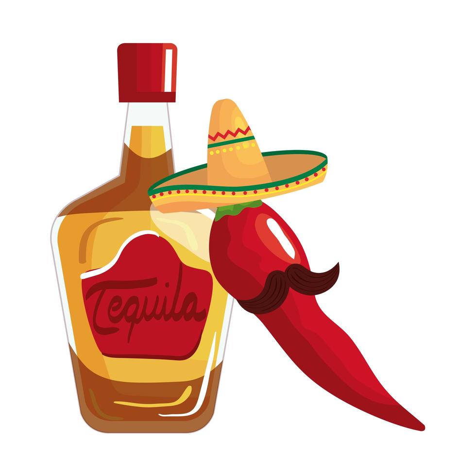 Chile de botella de tequila mexicano con diseño de vector de sombrero y bigote