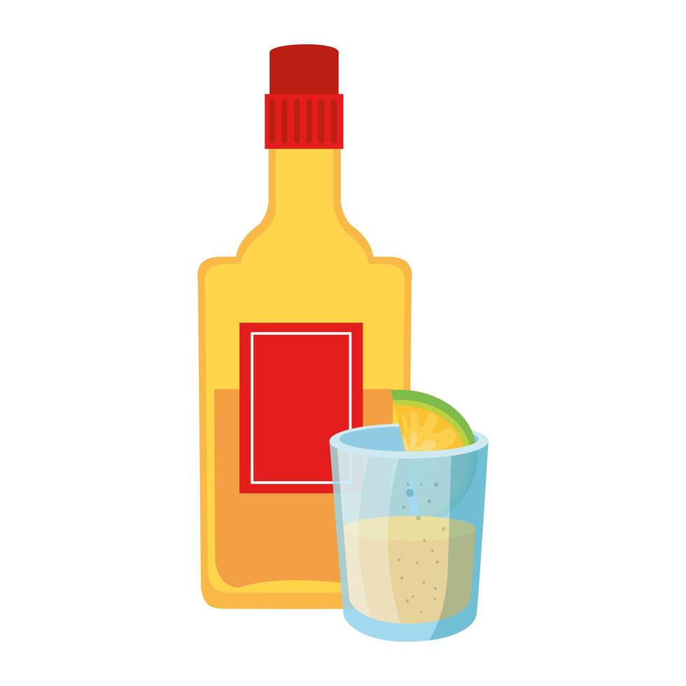 Botella de tequila mexicano aislado y shot con diseño de vector de limón