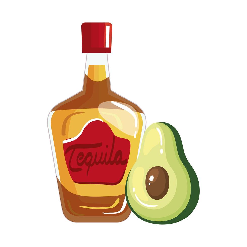 Isolated mexican tequila bottle and avocado vector design