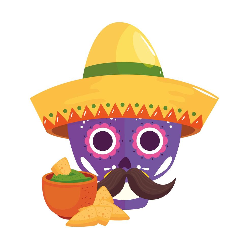 Isolated mexican skull with hat and bowl with nachos vector design