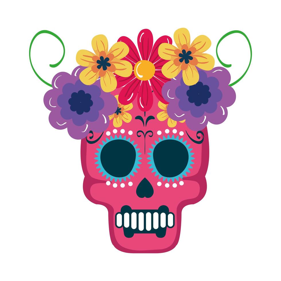 Calavera mexicana aislada con diseño de vector de corona de flores