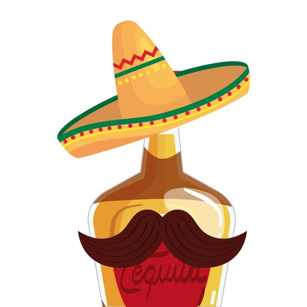 Botella de tequila mexicano aislado con diseño de vector de sombrero y bigote