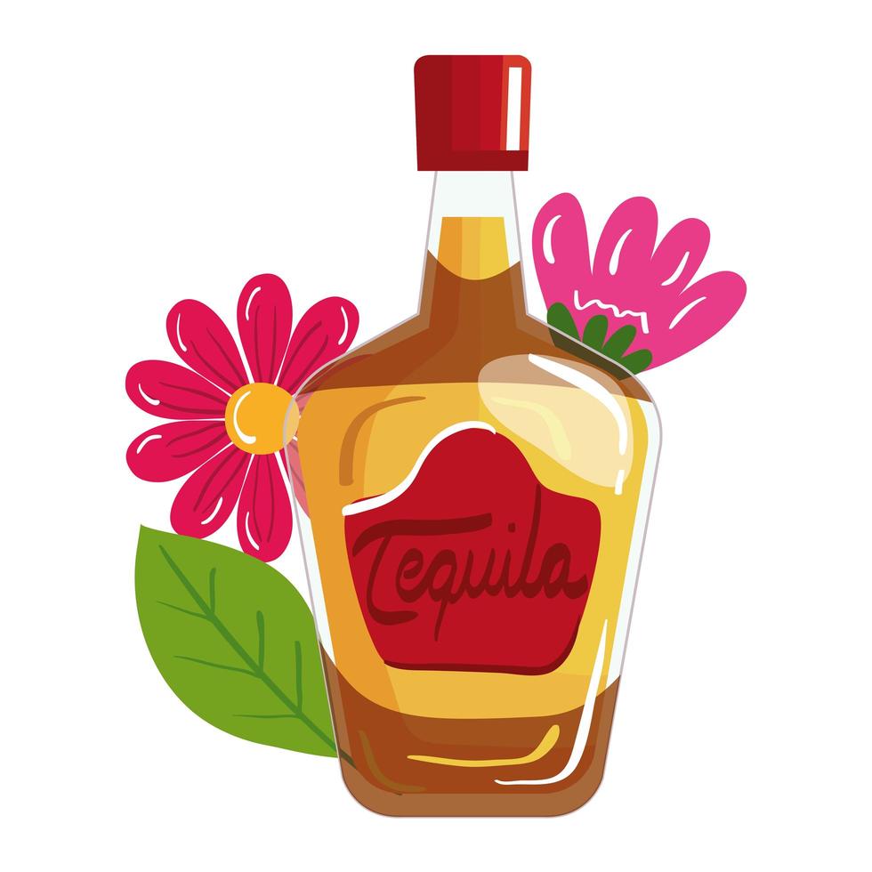 Botella de tequila mexicano aislado con diseño de vector de flores