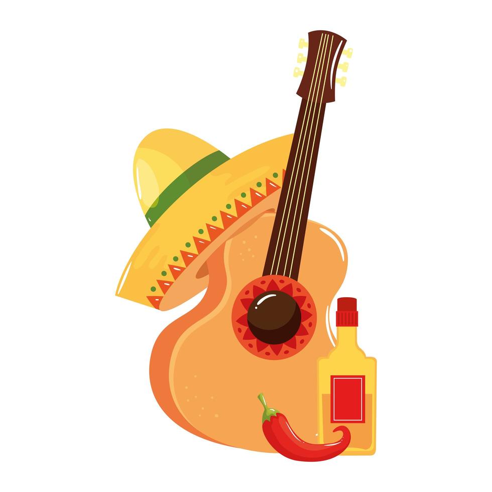 Isolated mexican guitar tequila bottle chilli and hat vector design