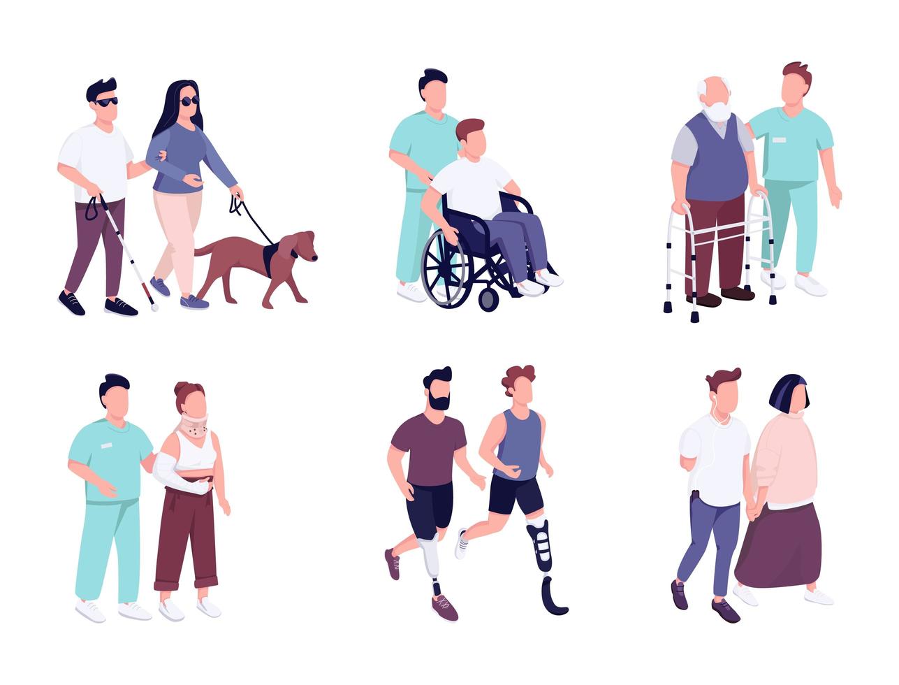 People with disability activities flat color vector faceless characters set