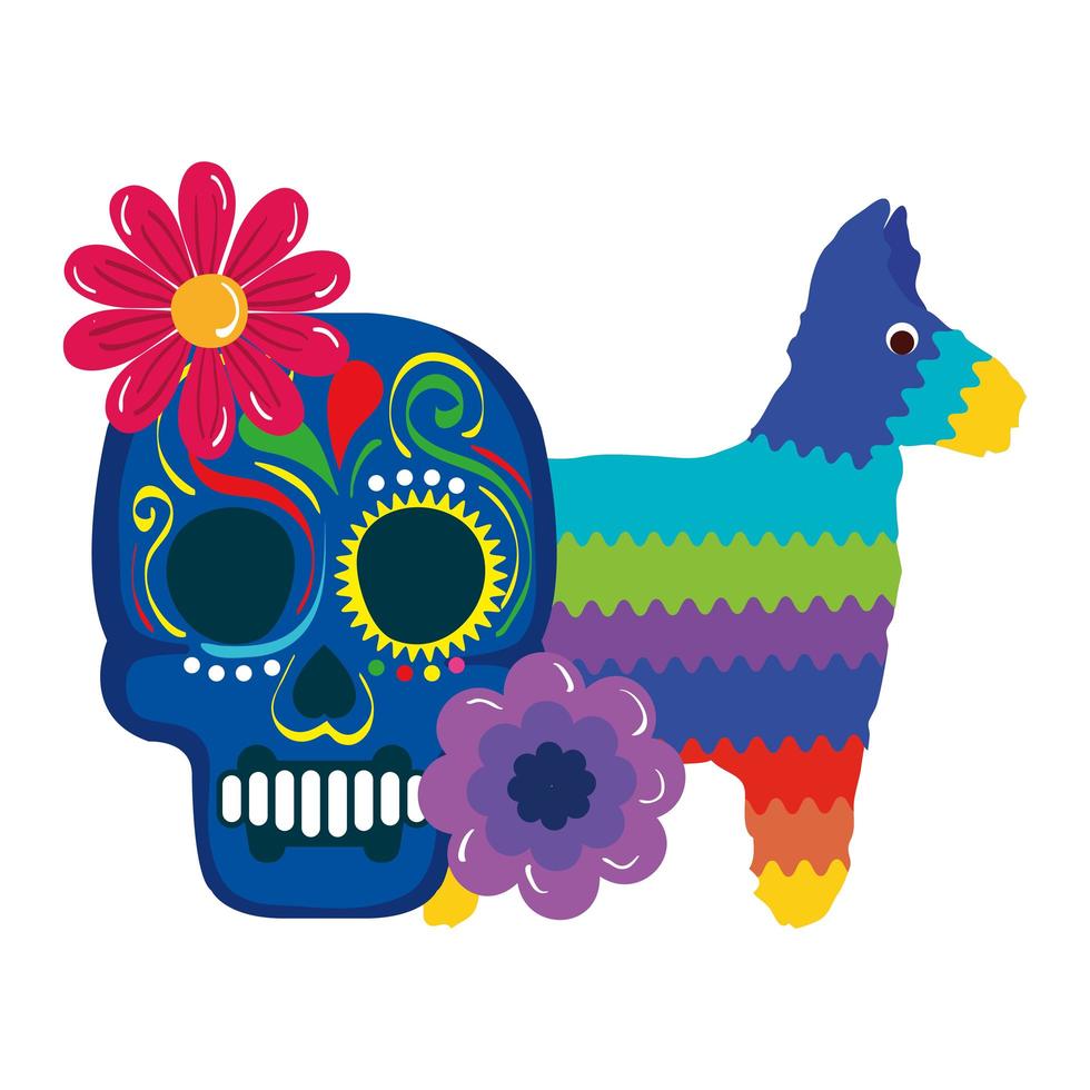 Isolated mexican skull with flowers and pinata vector design