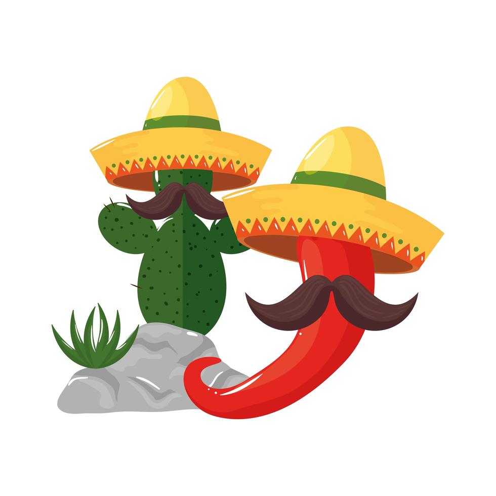 Cactus mexicano aislado y chili con bigote y sombrero de diseño vectorial vector