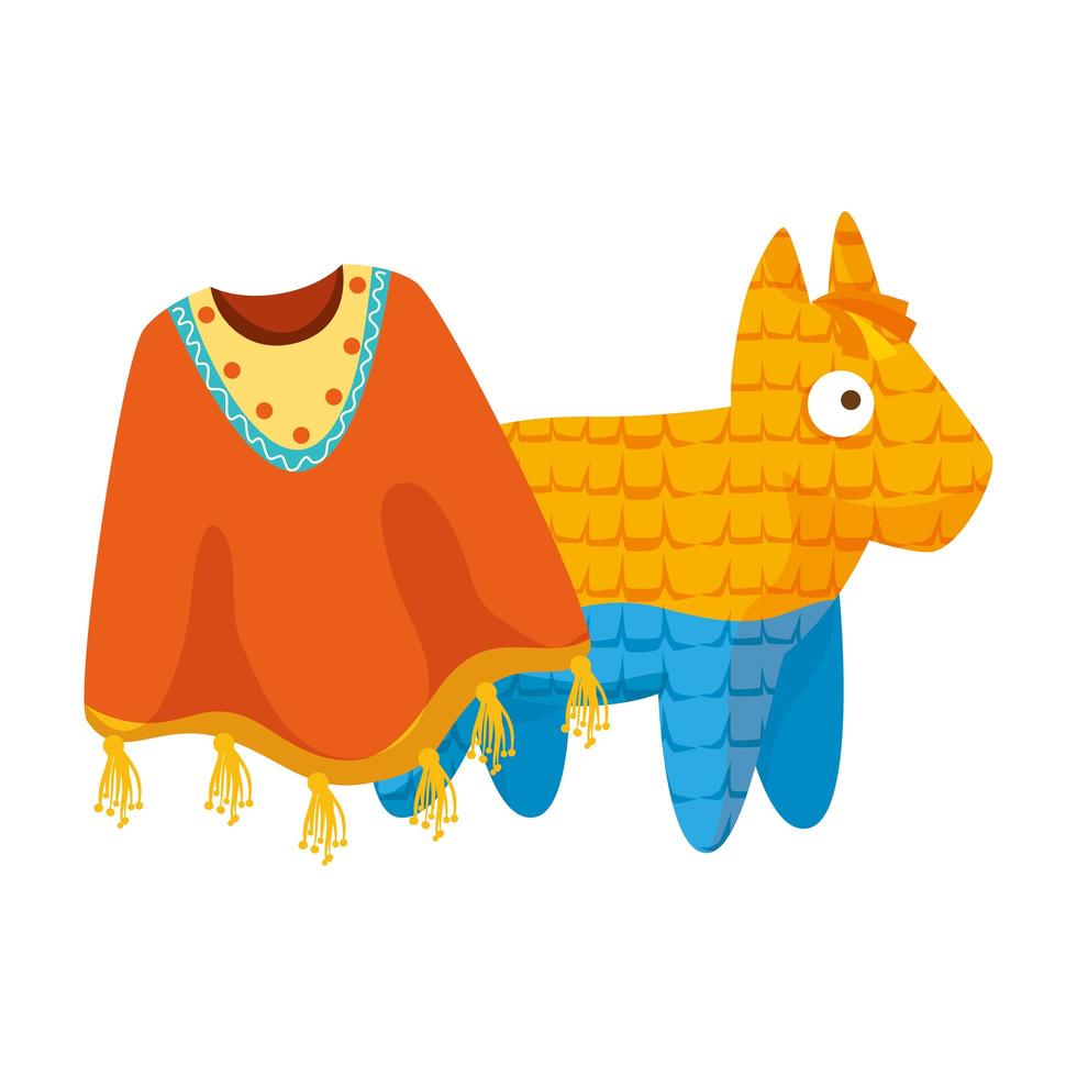 Diseño vectorial de piñata y poncho mexicano aislado vector