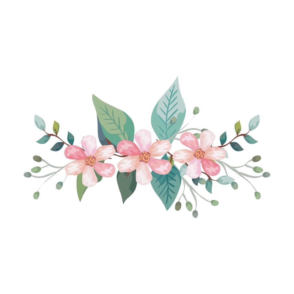 cute flowers with branches and leafs isolated icon vector