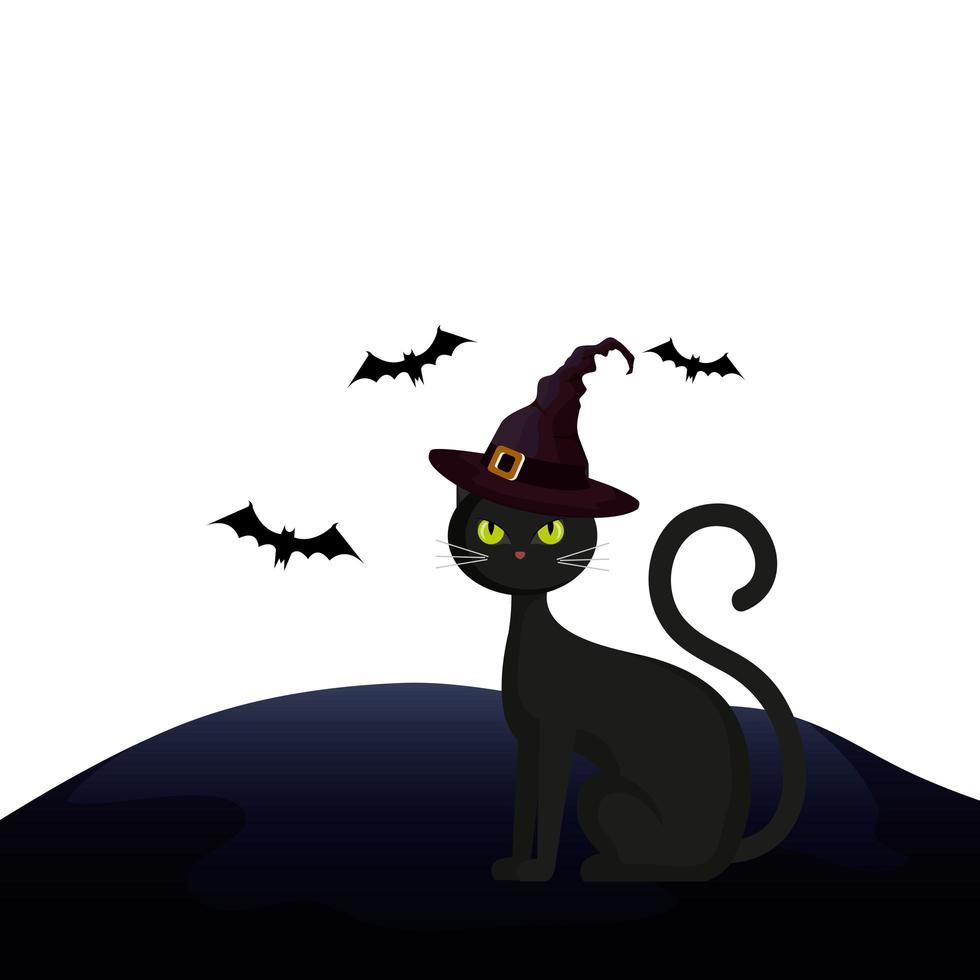 gato felino halloween con sombrero bruja y murciélagos volando vector