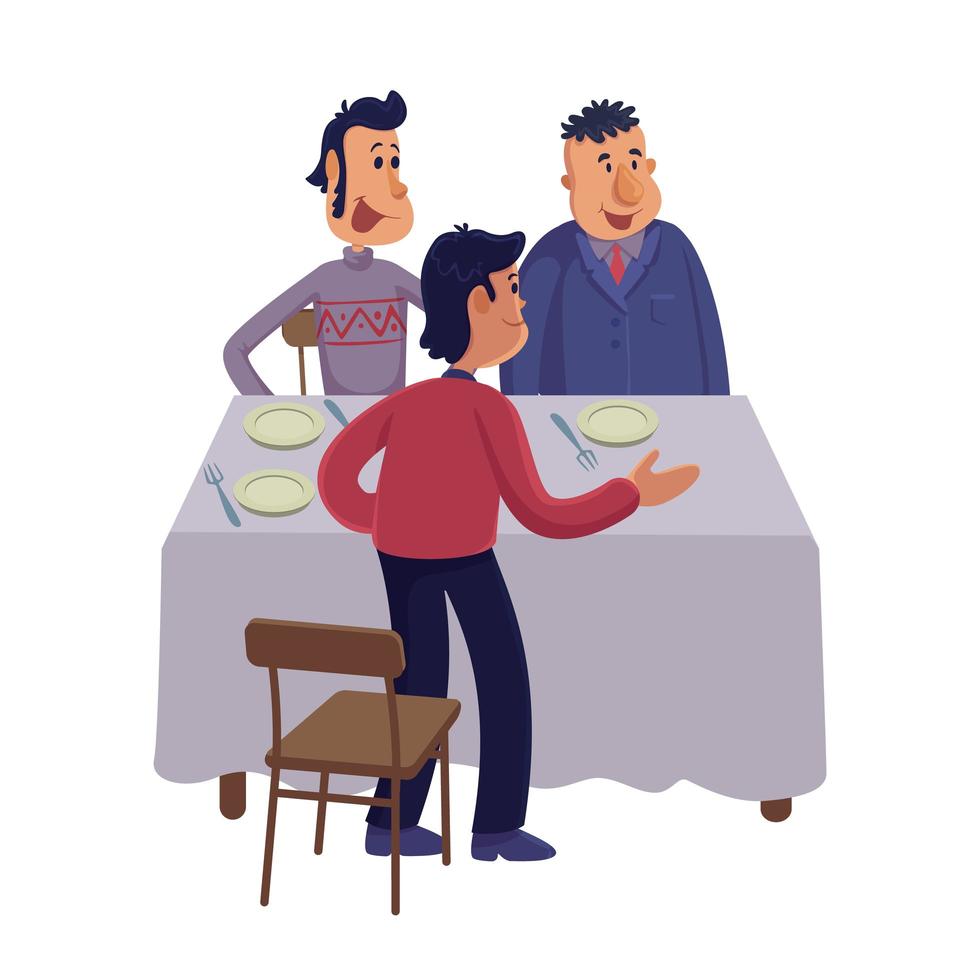 Group of men at table flat cartoon vector illustration