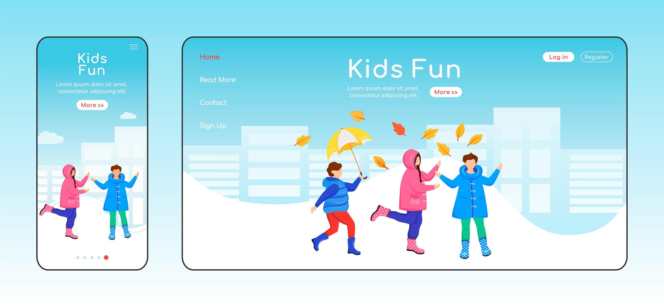 Kids fun landing page flat color vector template