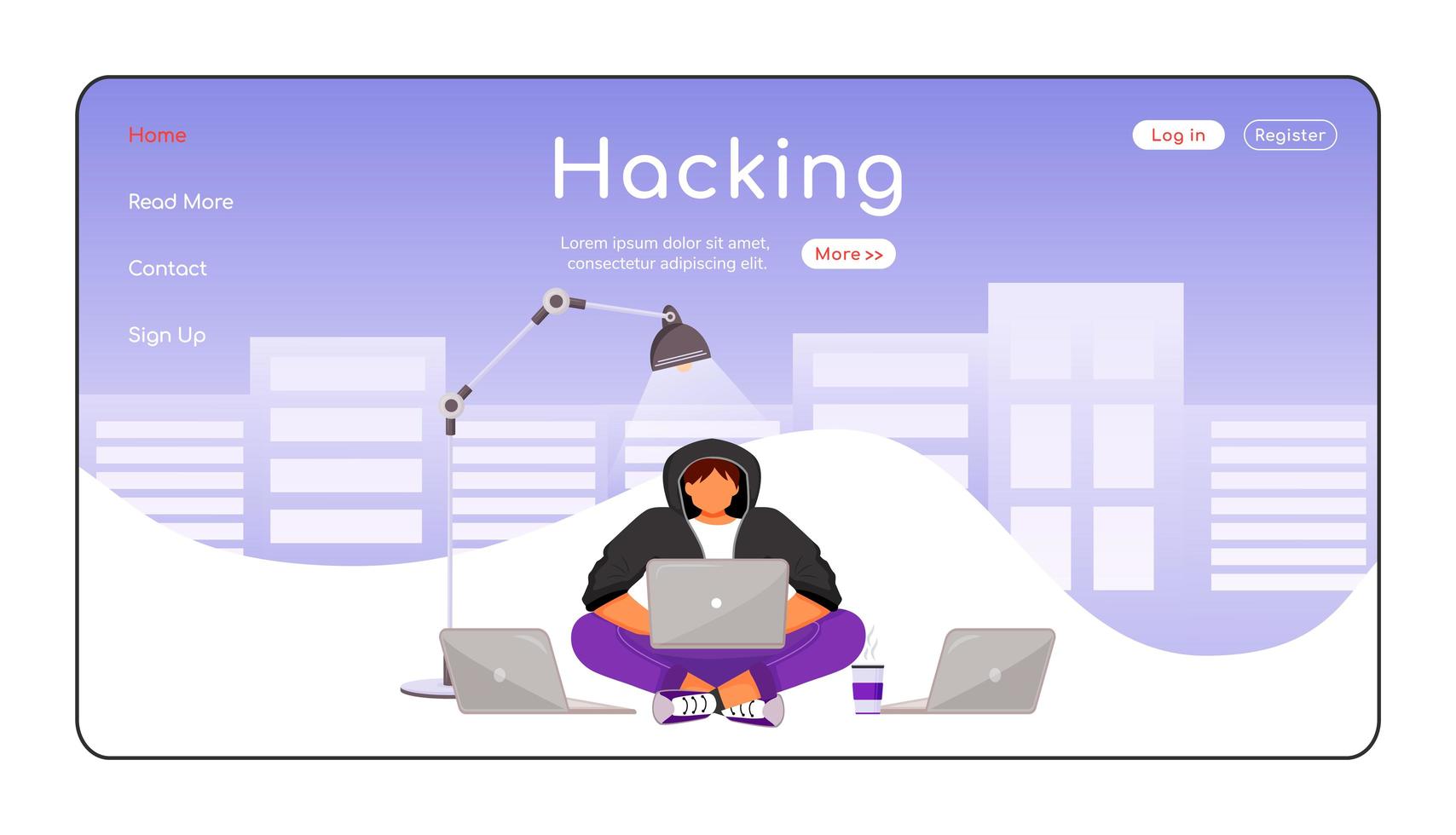Computer hacking landing page flat color vector template