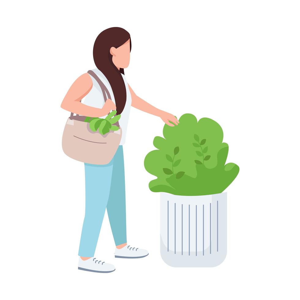 mujer tocando arbusto, amante de la naturaleza, chica joven y verde personaje de vector de color plano sin rostro