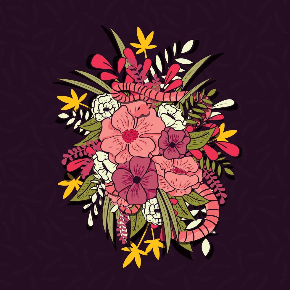 Floral jungle bouquet with snake, tropical flowers and leaves, botanical hand drawn vibrant vector illustration