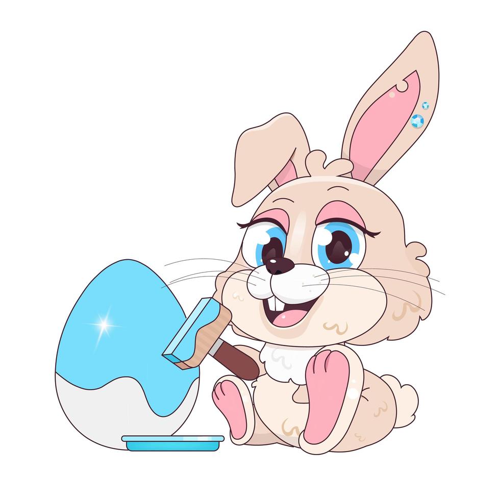 Lindo conejo decorando huevo personaje de vector de dibujos animados kawaii