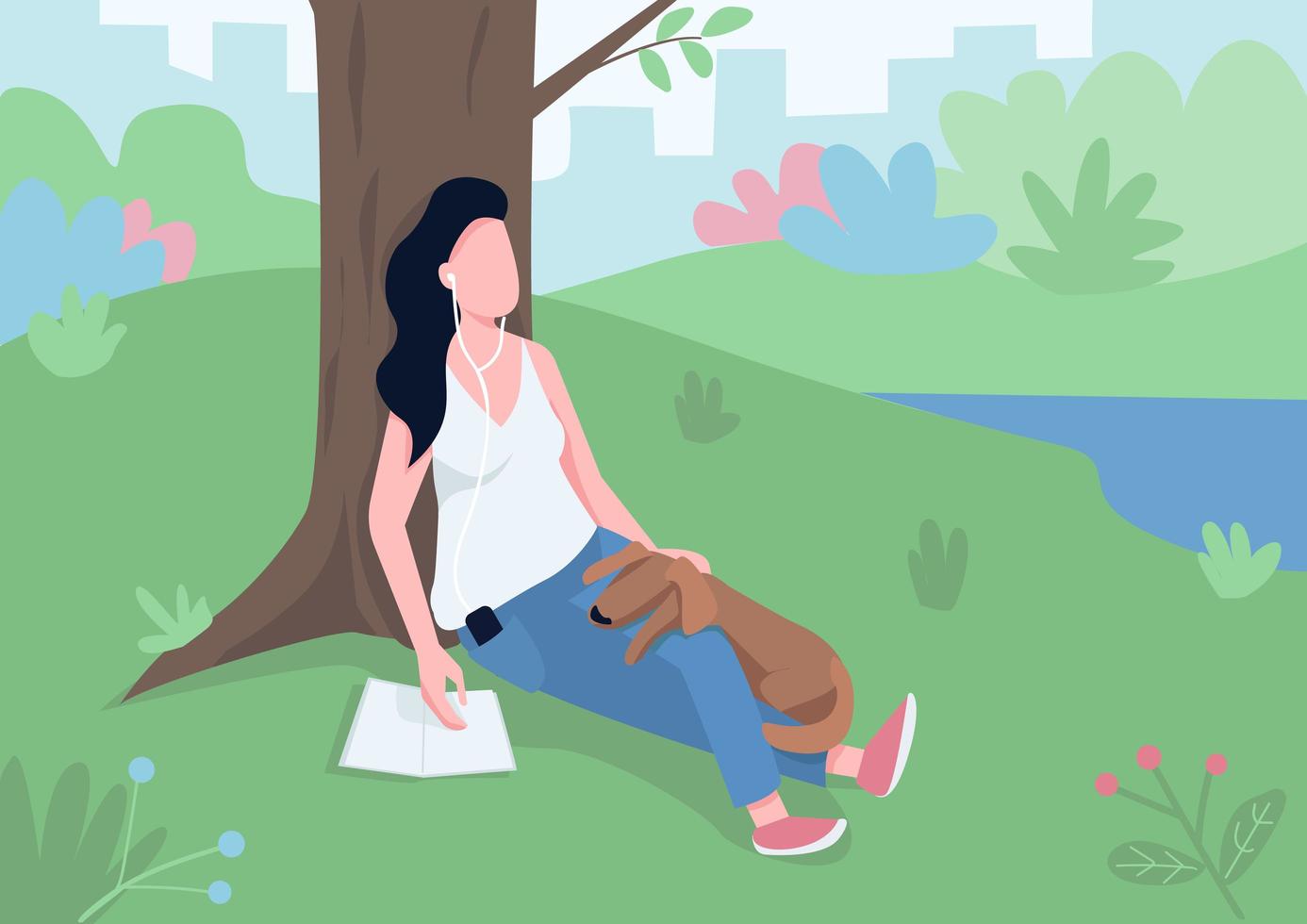 Girl resting in park flat color vector illustration