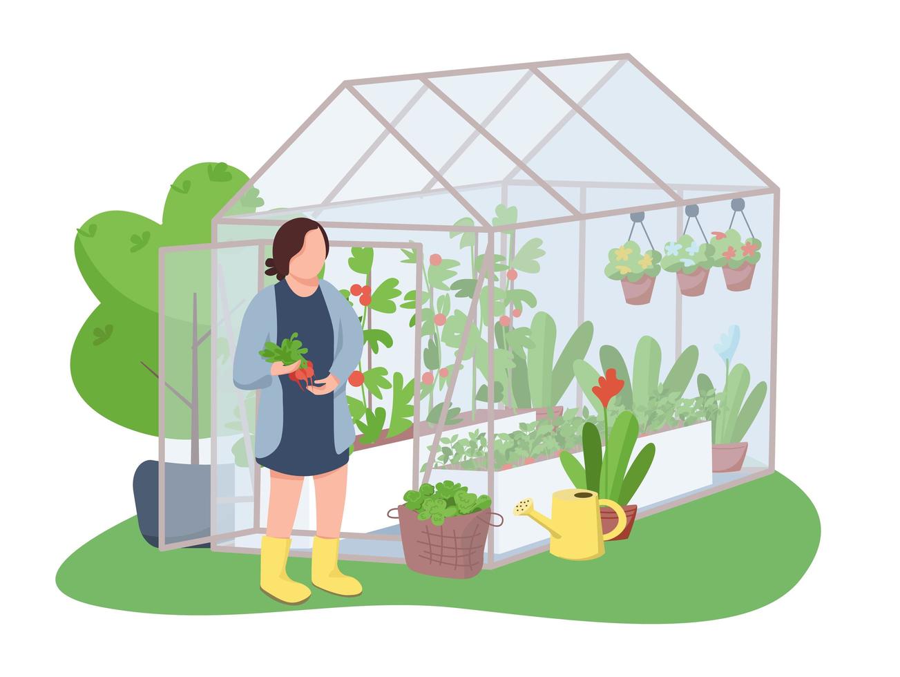 Woman and greenhouse 2D vector web banner, poster