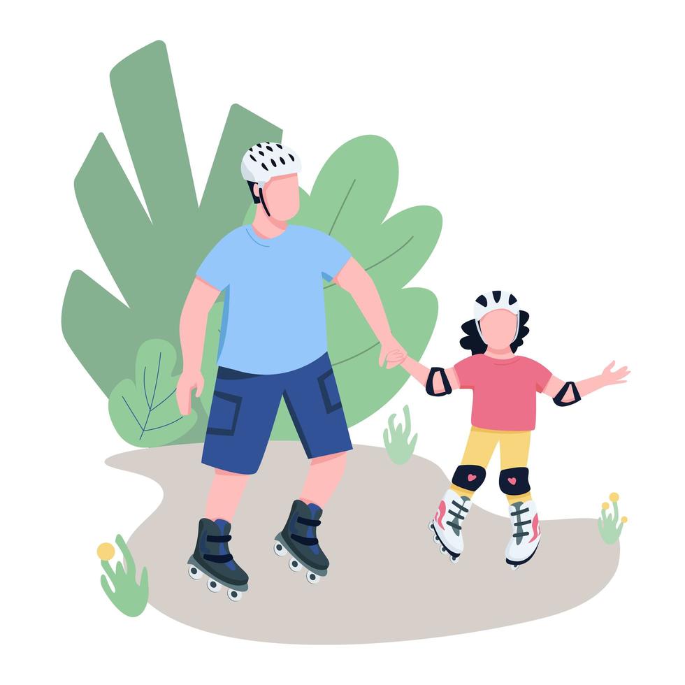 Father and child roller skating flat color vector faceless characters