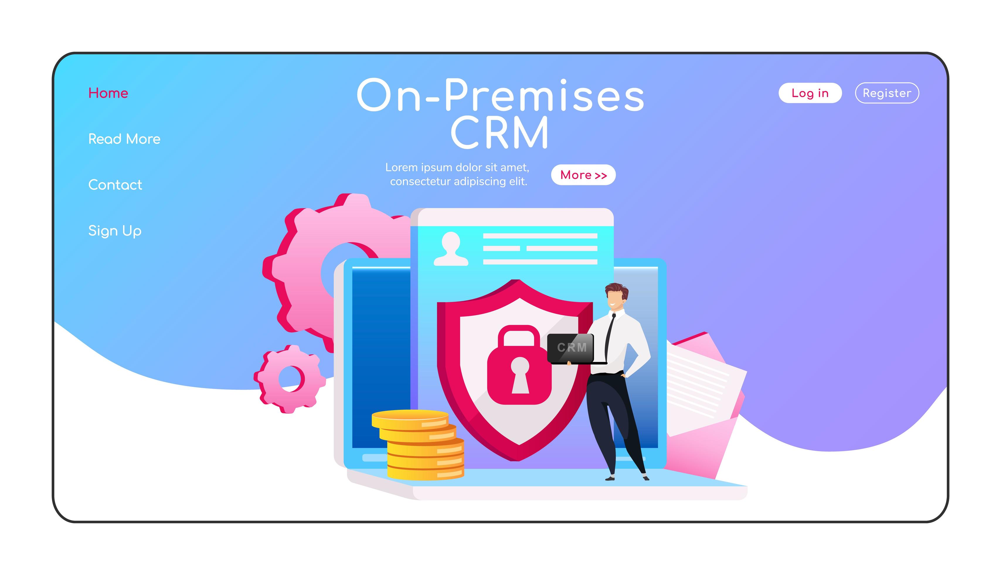 On premises CRM landing page flat color vector template 1910072 Vector