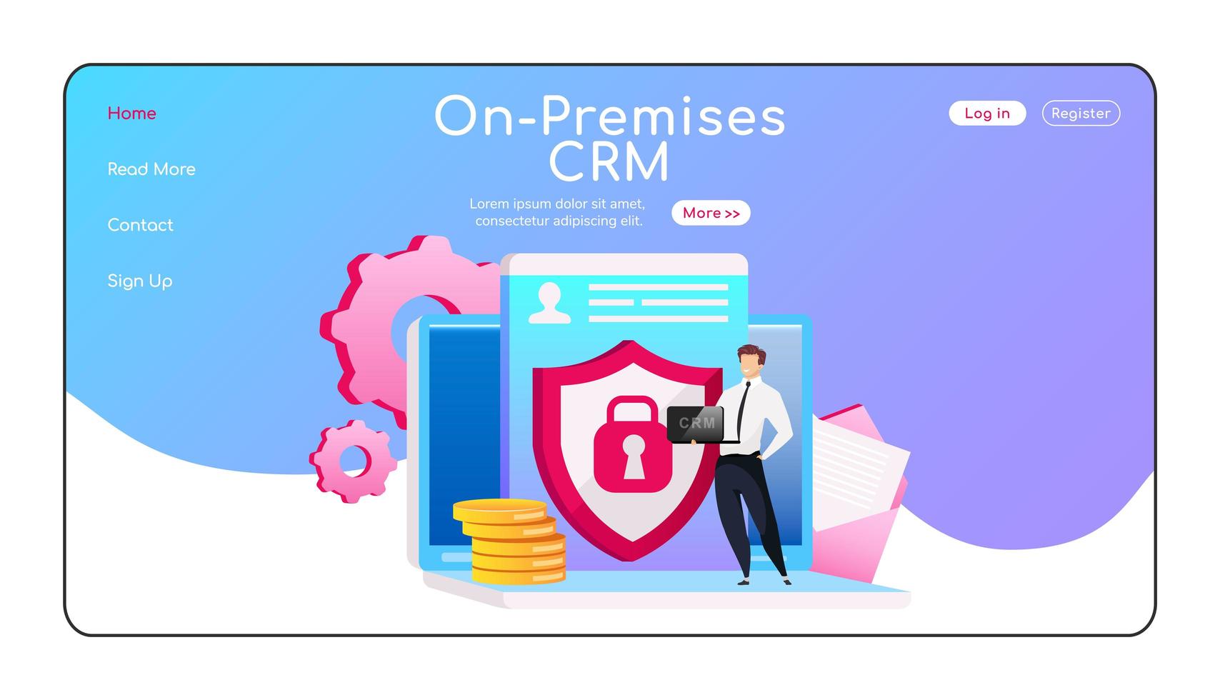 On premises CRM landing page flat color vector template