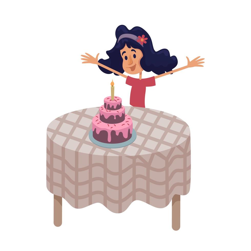 Niña en la mesa con ilustración de vector de dibujos animados plana de pastel de cumpleaños