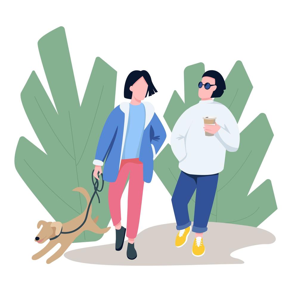 Friends walking with pet flat color vector faceless characters