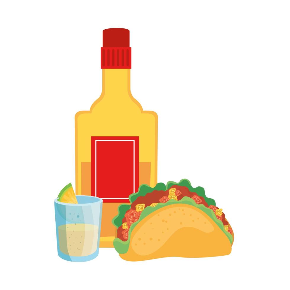 Isolated mexican taco tequila bottle and shot vector design