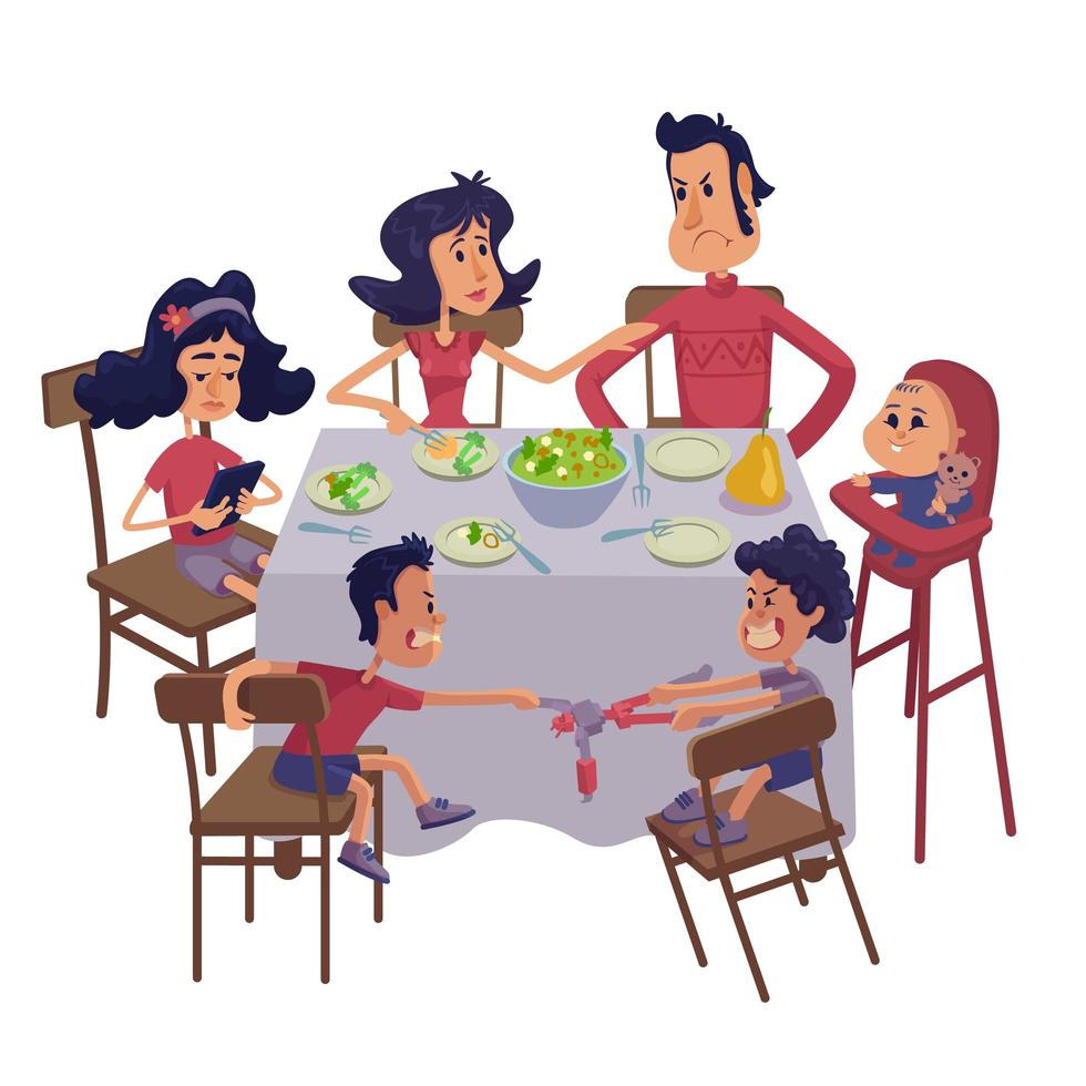 Family together having meal flat cartoon vector illustration