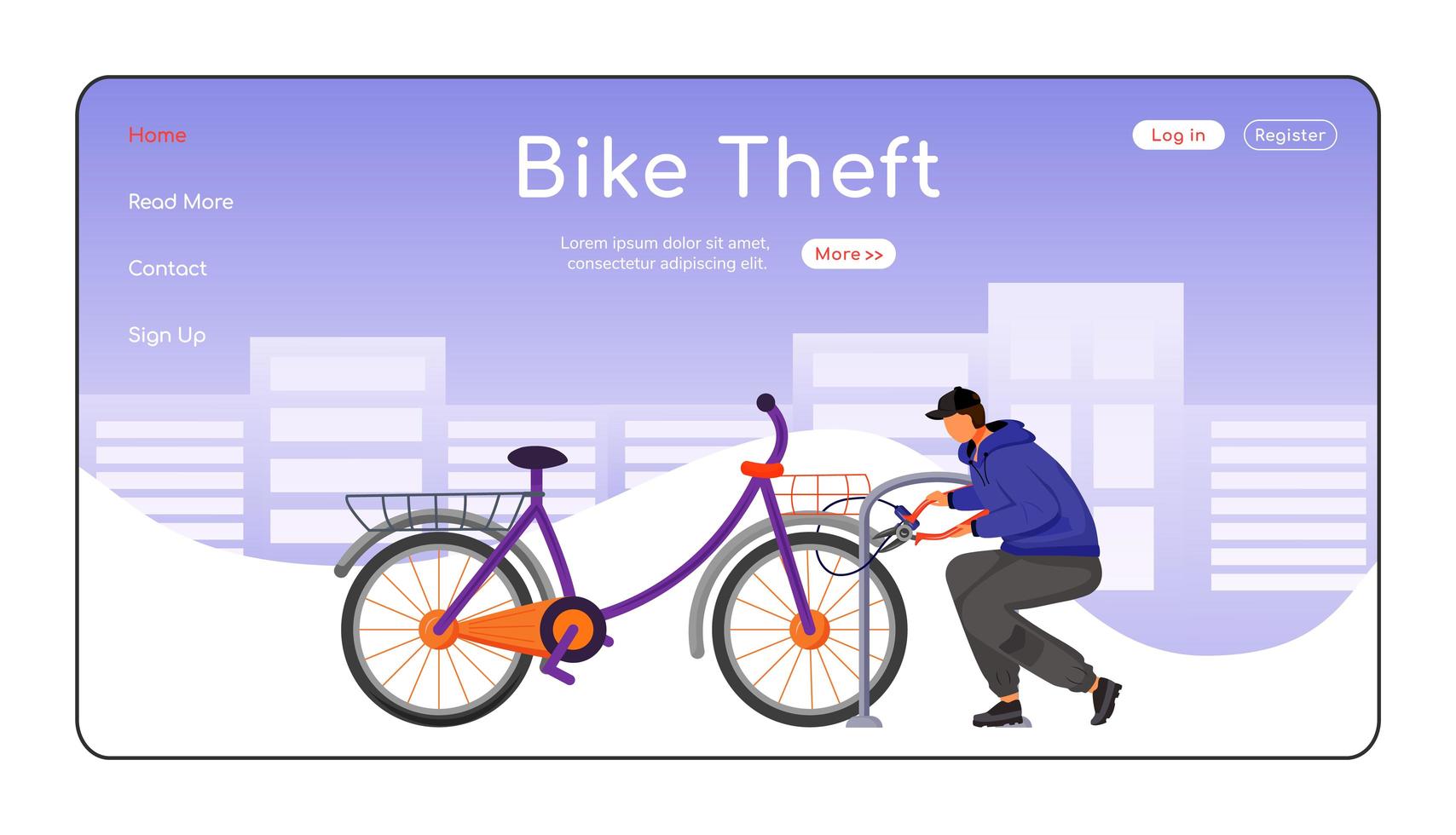 Bike theft landing page flat color vector template