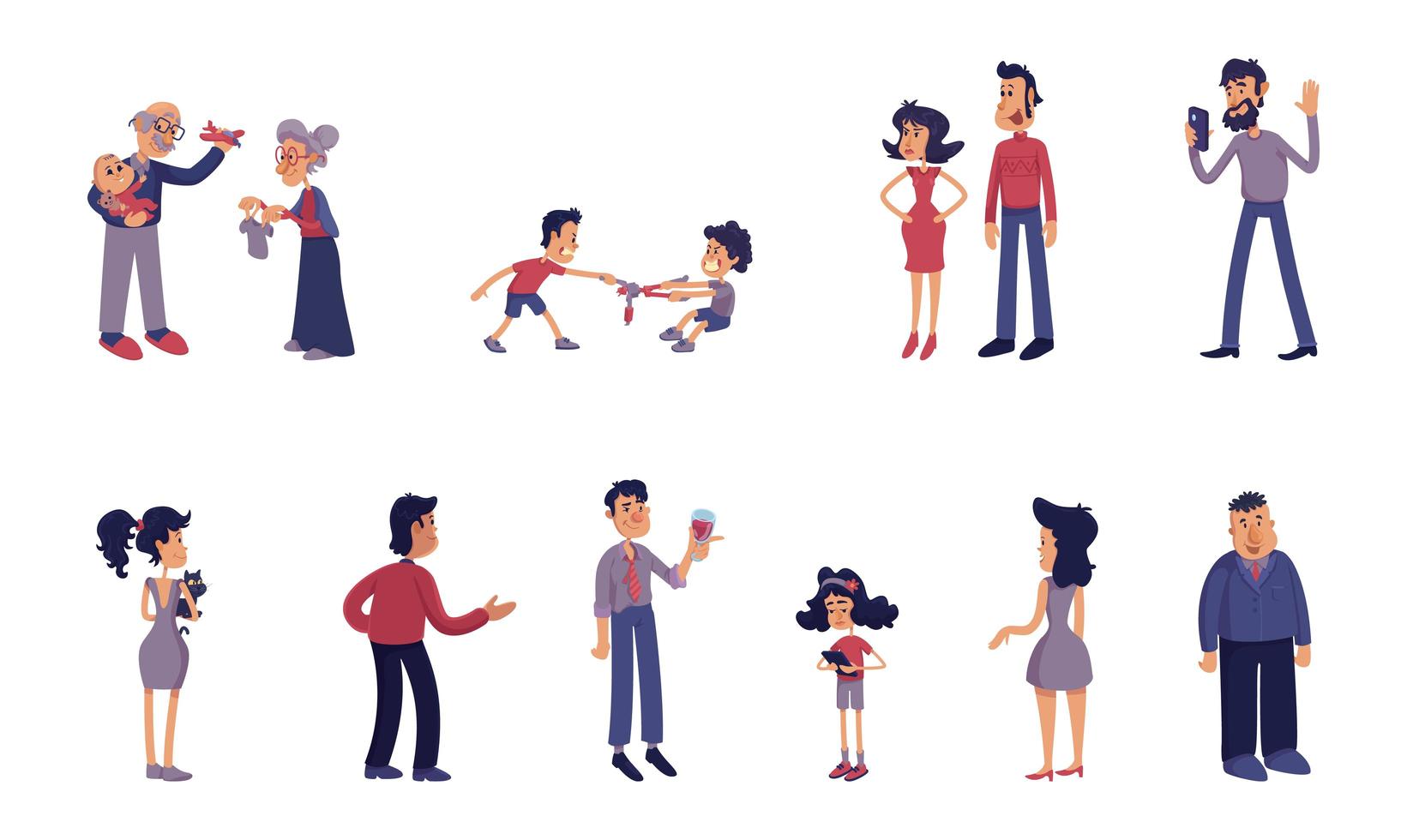Adults and kids flat cartoon illustrations kit vector