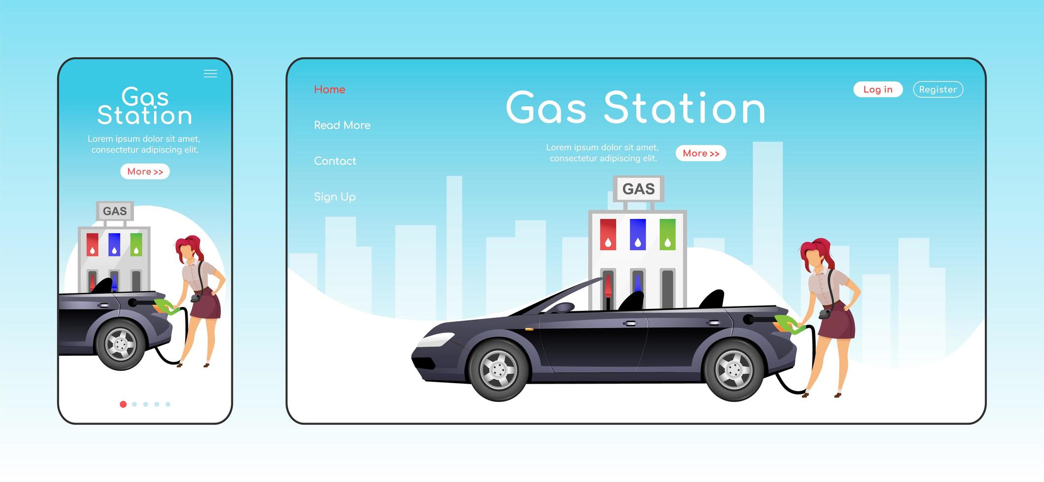 Gas station responsive landing page flat color vector template