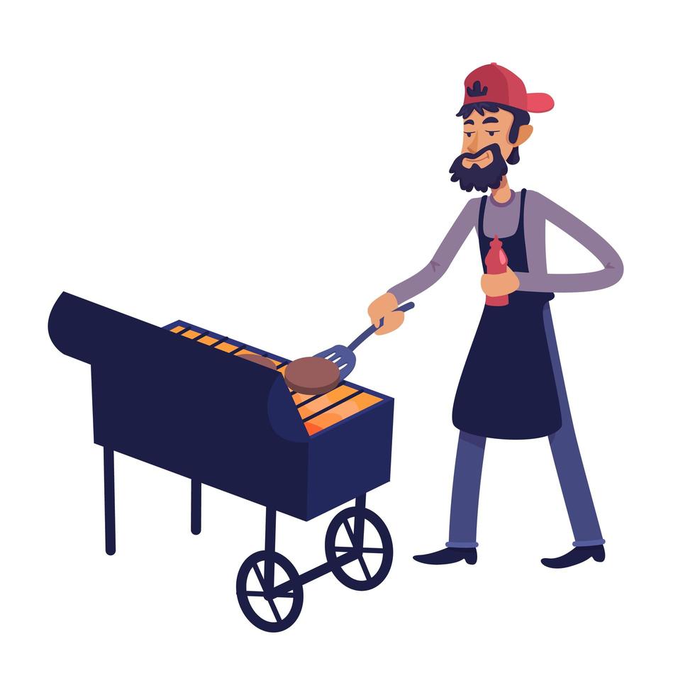 Chef grilling meat flat cartoon vector illustration