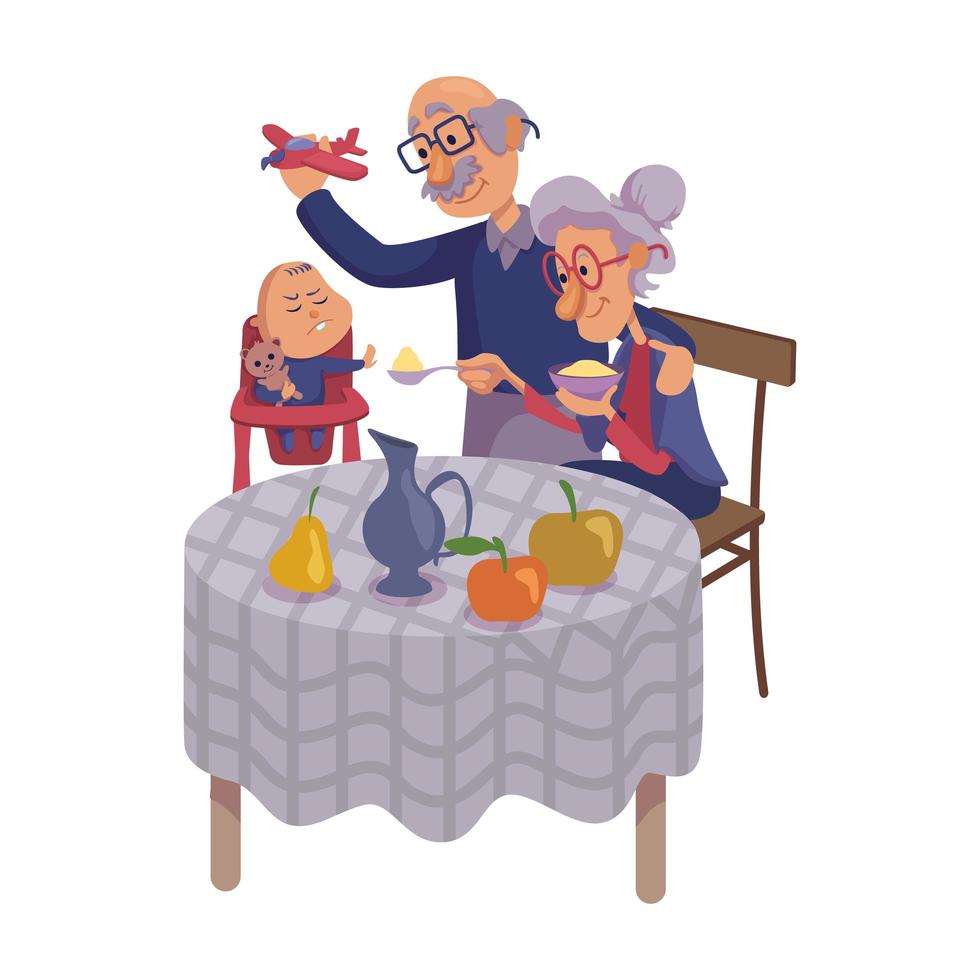 Grandparents feeding baby flat cartoon vector illustration