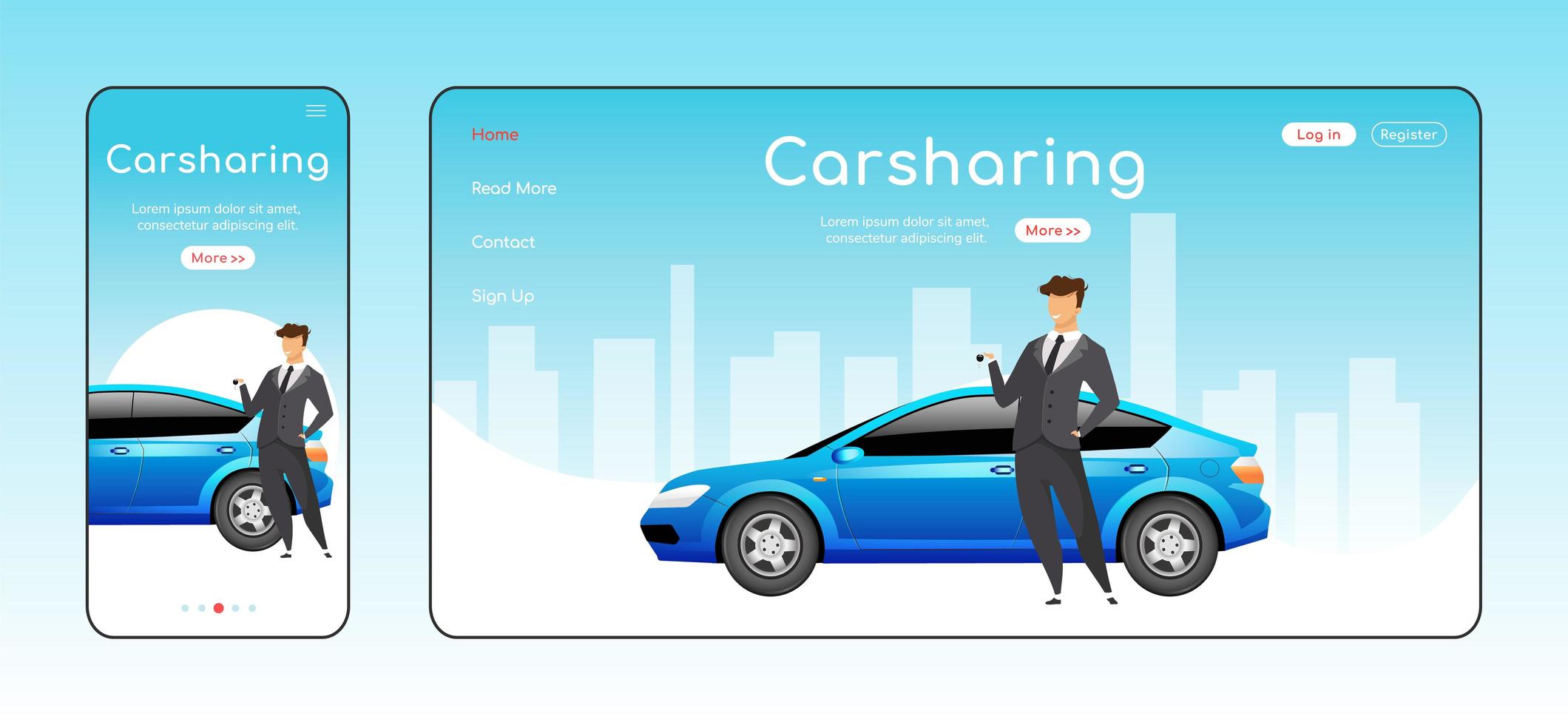 plantilla de vector de color plano de página de destino receptiva de carsharing