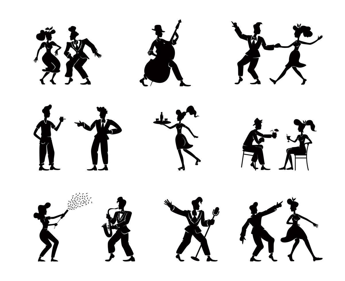 Retro women and men black silhouette illustrations kit vector