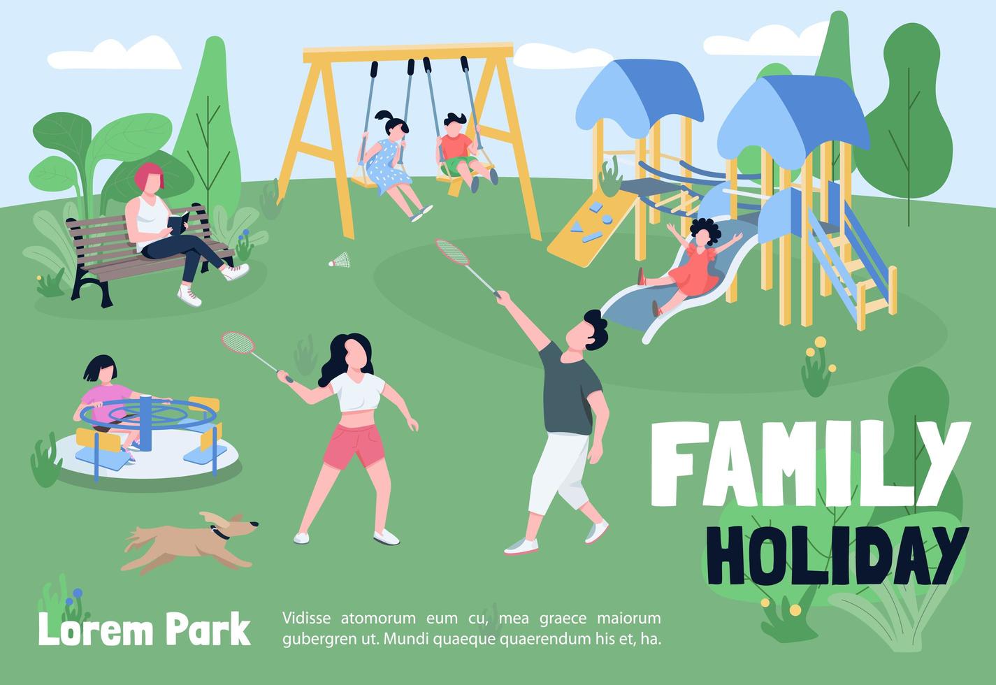 Family holiday in park banner flat vector template