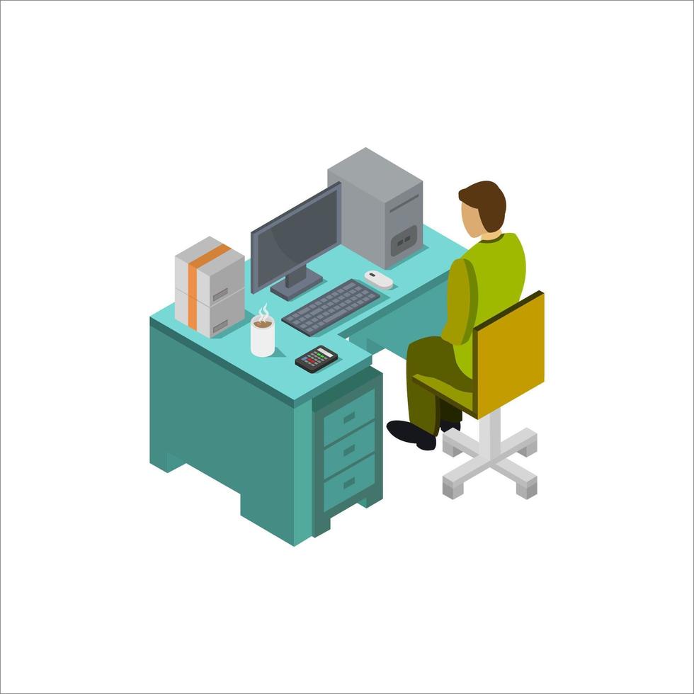 Office Desk Isometric Illustrated On White Background vector