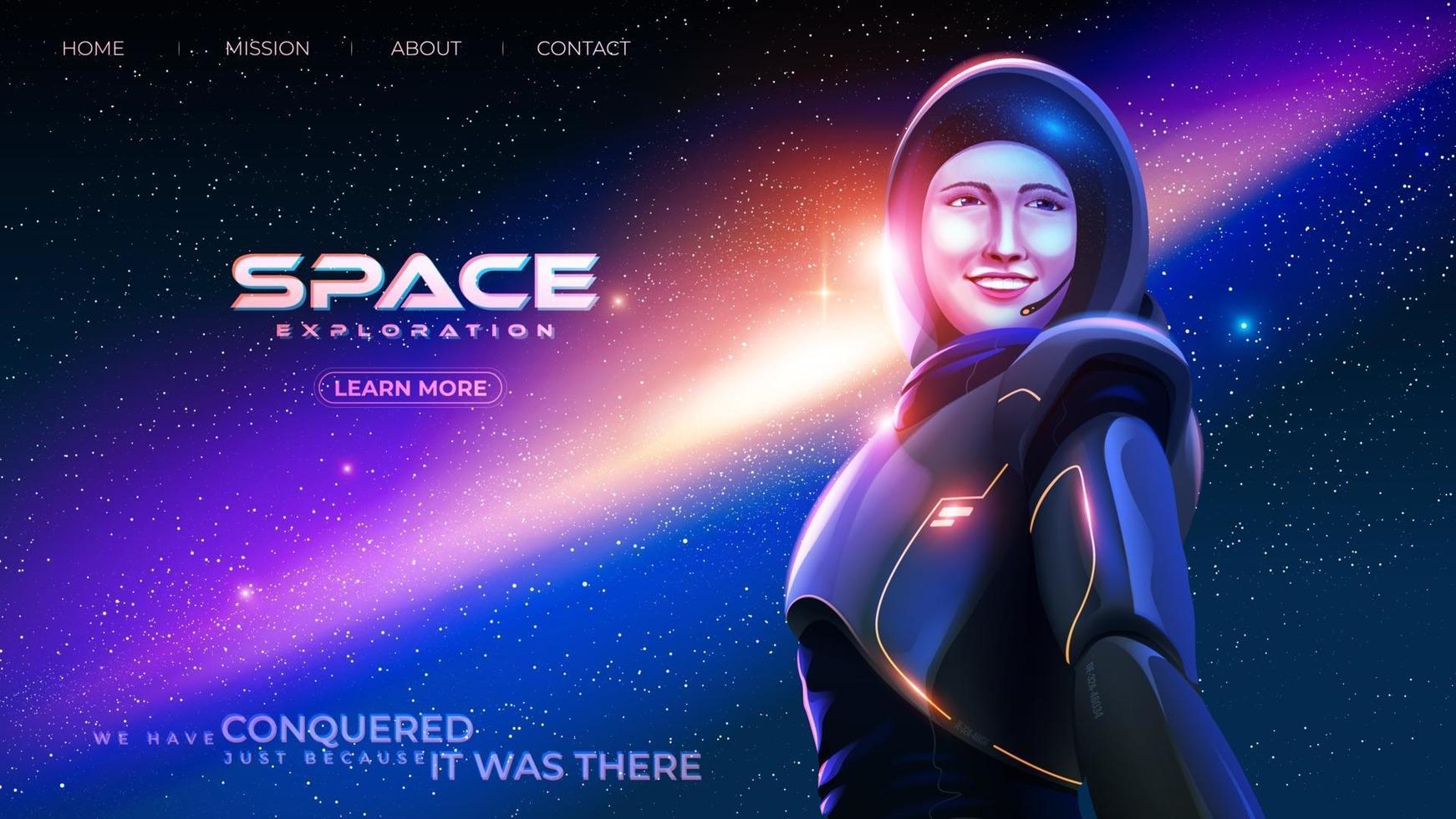 the lady astronaut in a spacesuit is smiling with happiness with the background of the massive universe vector