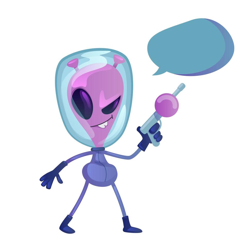 Alien with weapon flat cartoon vector illustration