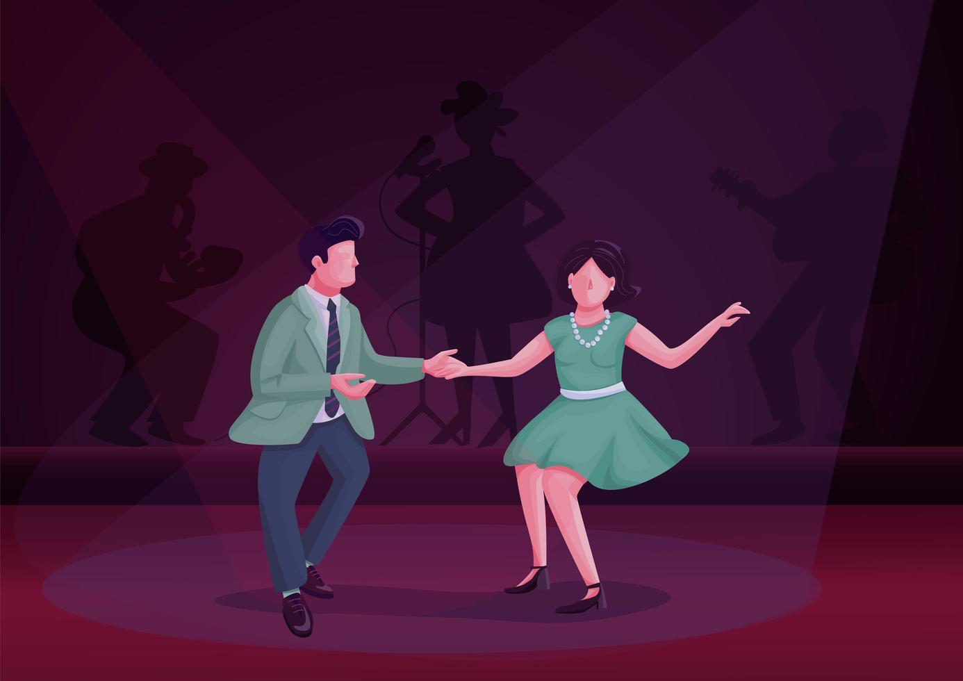 Hombre y mujer bailando ilustración de vector de color plano giro