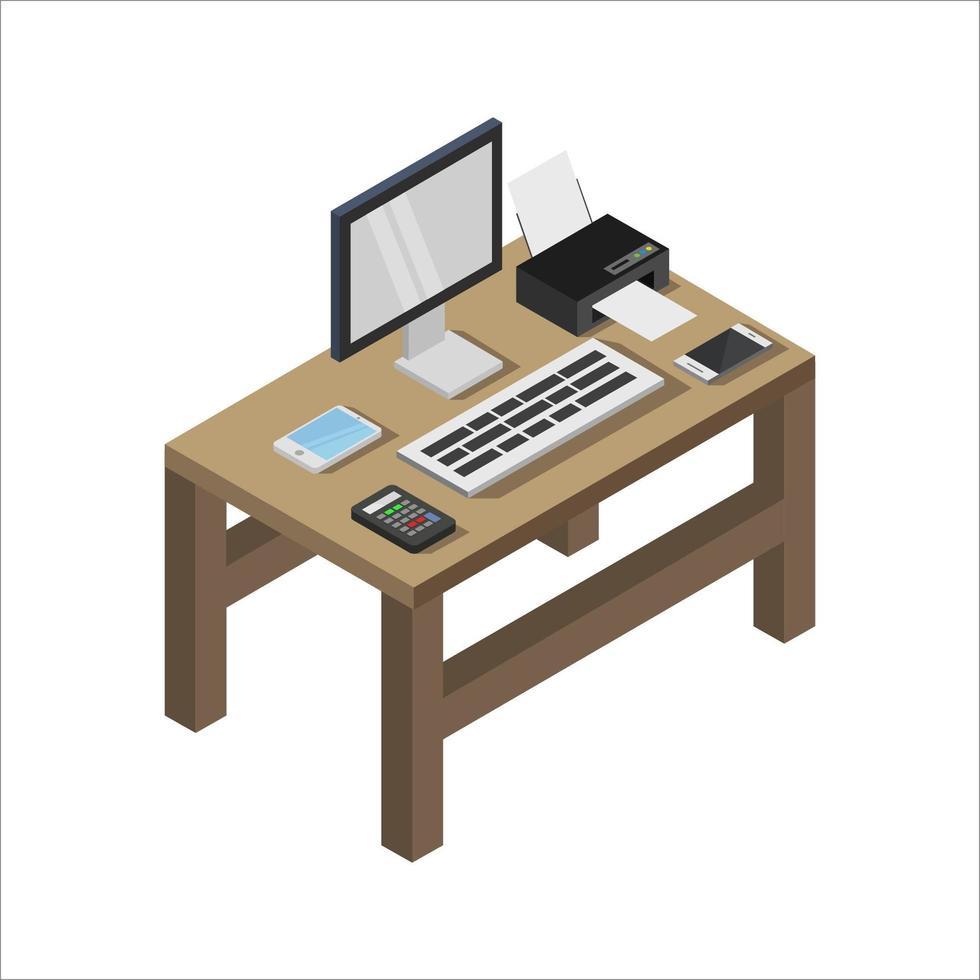 Office Desk Isometric Illustrated On White Background vector