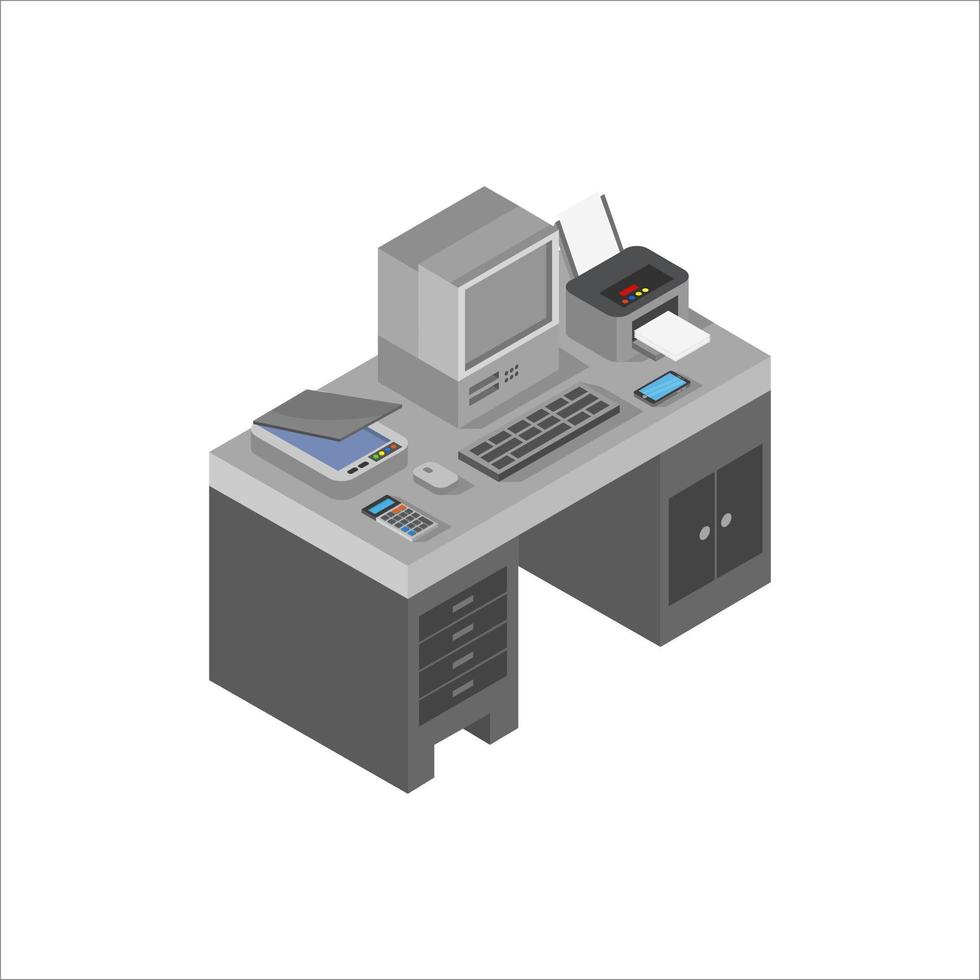 Office Desk Isometric Illustrated On White Background vector