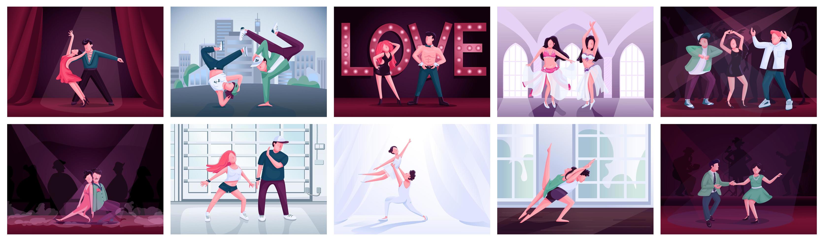 Couples dancing flat color vector illustrations set