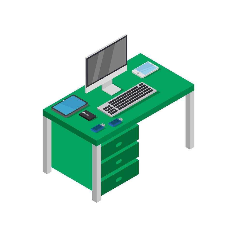 Isometric Office Desk On White Background vector