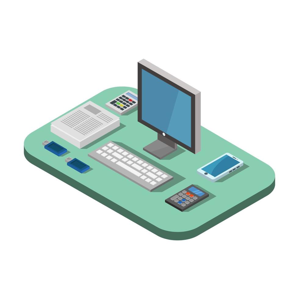 Isometric Office Desk On White Background vector