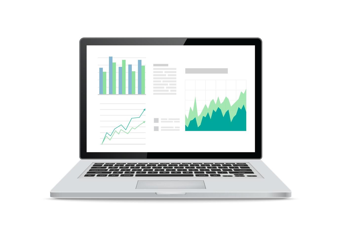 Laptop screen with financial charts and graphs on white background. Vector Illustration.