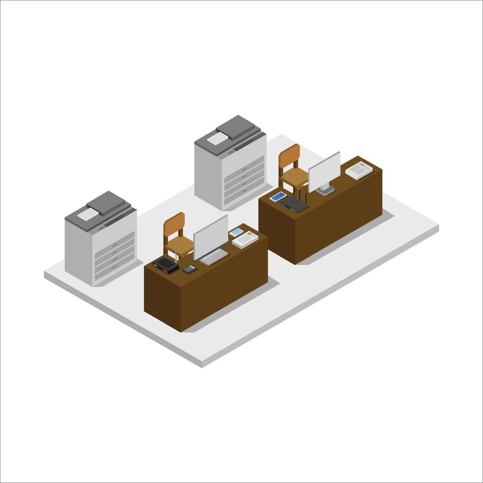 Office Desk Isometric Illustrated On White Background vector