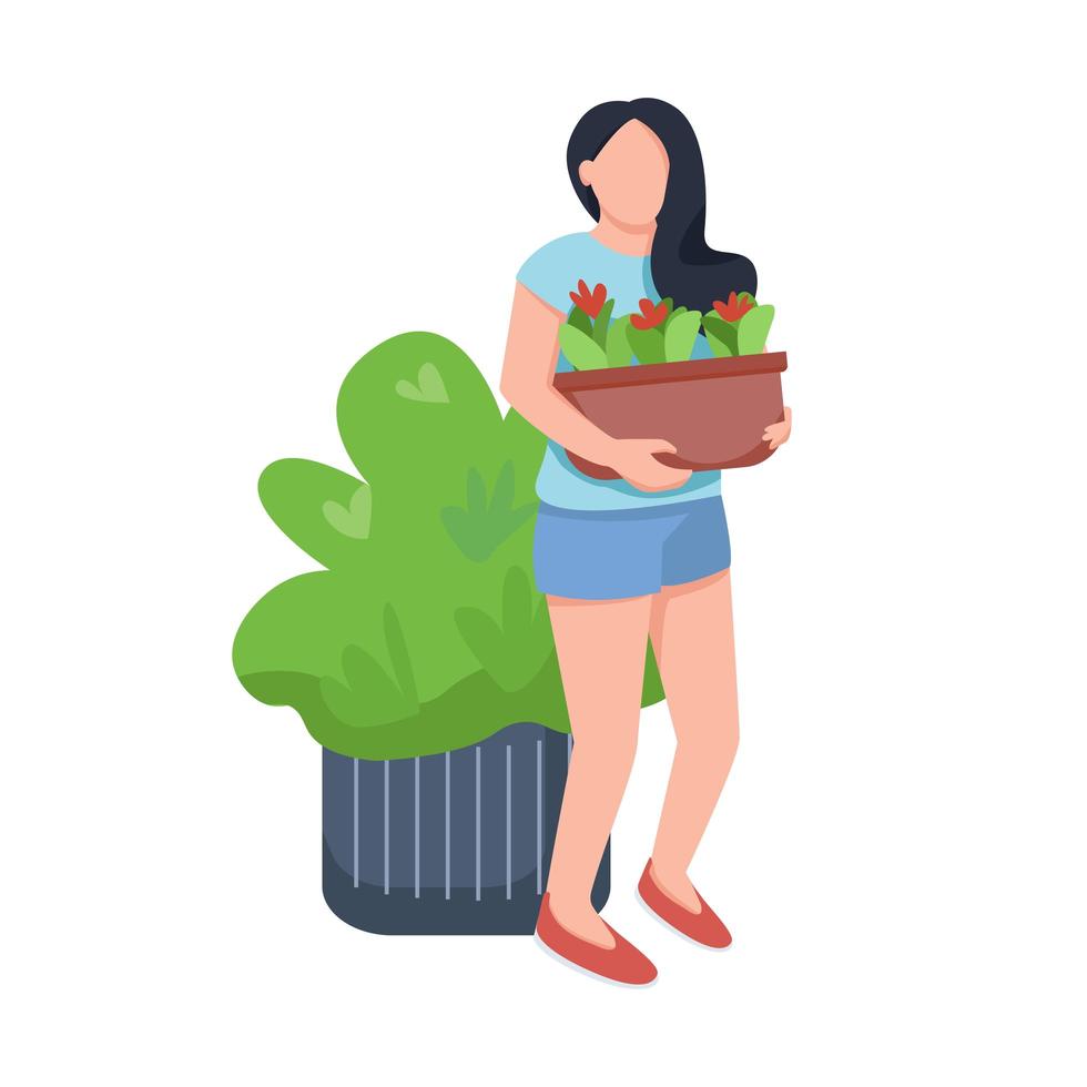 Young woman with flowers, female and flowerbed flat color vector faceless character